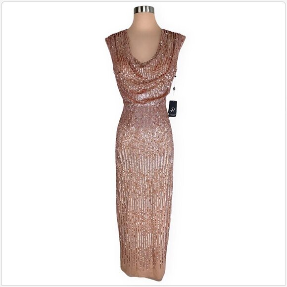 Adrianna Papell Rose Gold Cowl Neck Beaded Sequin Column Gown Dress NWT NEW 4 - Picture 4 of 7